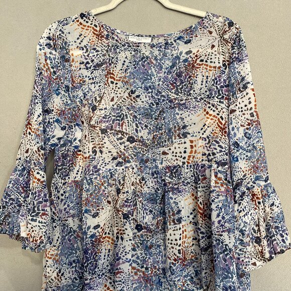 Waverly Grey Tops - Waverly Grey Abstract Print Peplum Blouse Small Boho Flowy Bell Sleeve Top